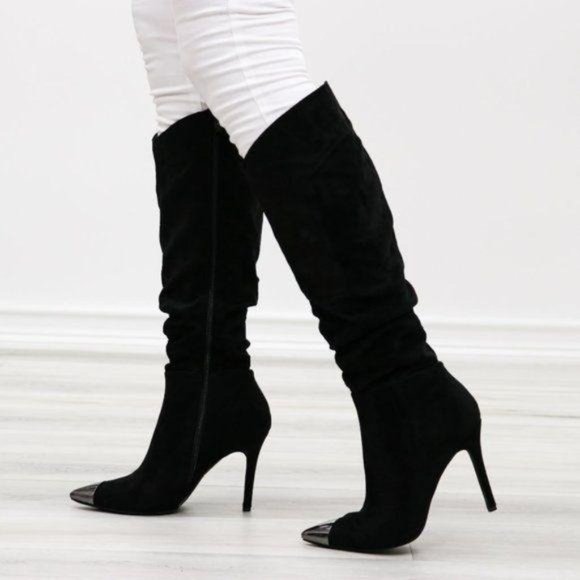 Pointy Toe Below The Knee Black Boots Faux Suede - Picture 7 of 16